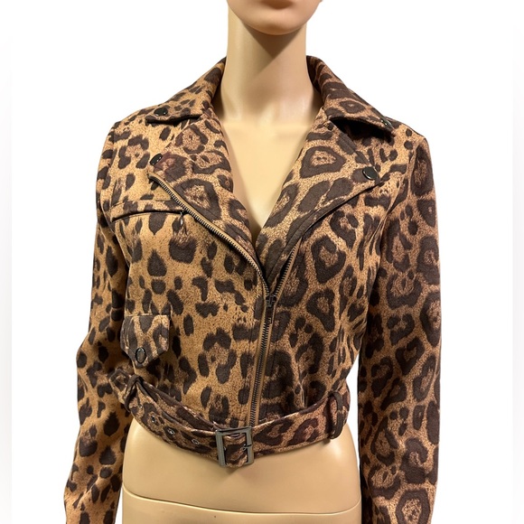 Triple Seven Sueded Leopard Print Lightweight Belted Mini Fashion Moto Jacket M - Picture 7 of 7